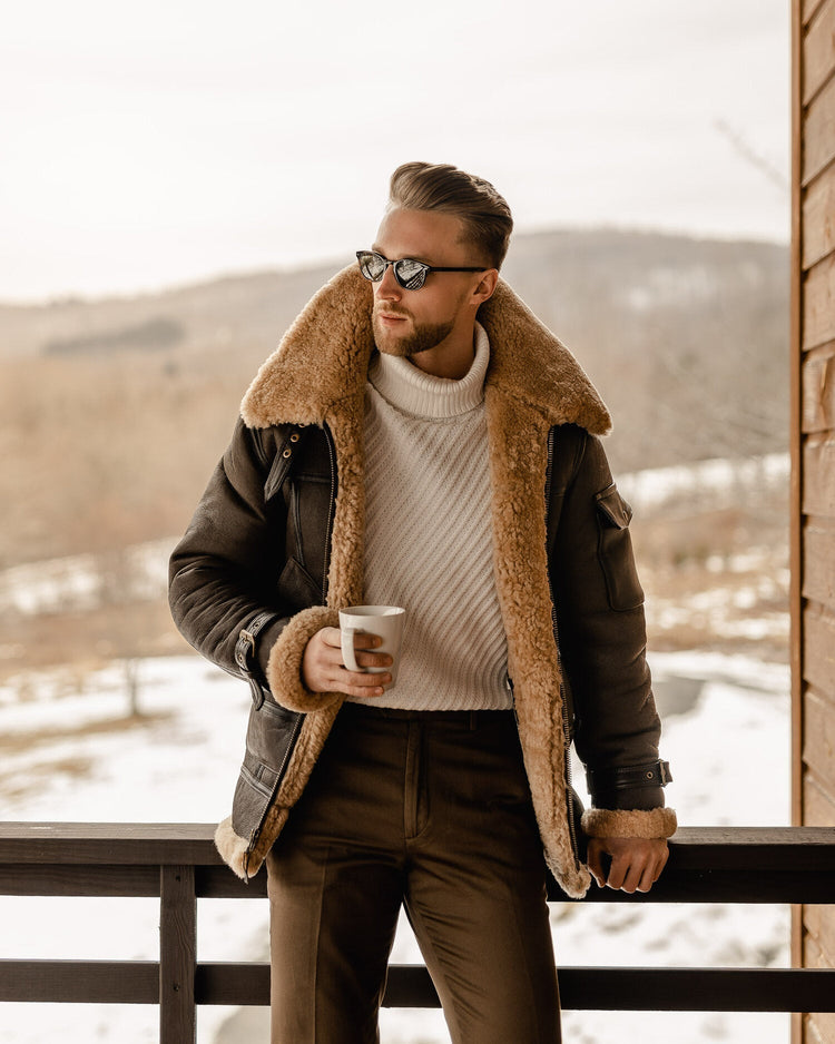 Men’s Brown B3 Flying Aviator Shearling Leather Long Jacket Coat